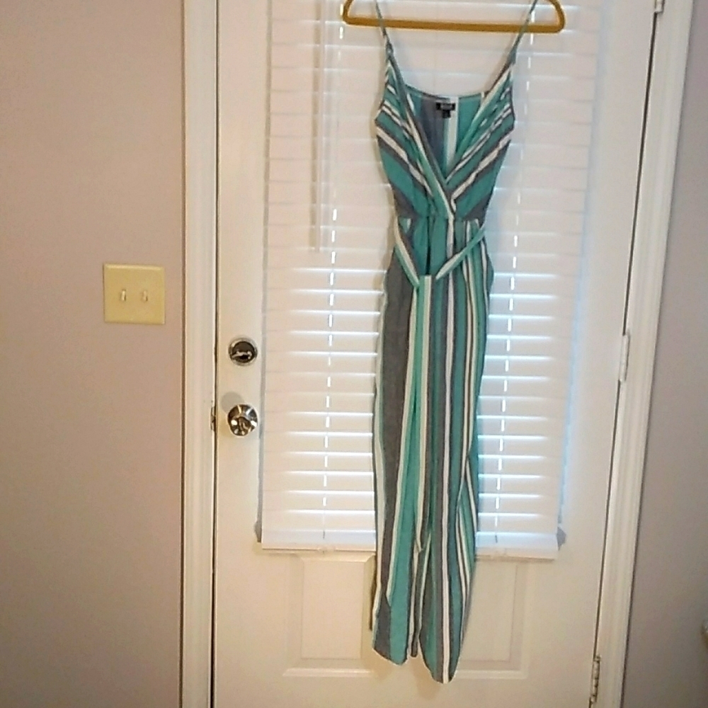 A.n.a Boho Strip Linen Blend Green White Spaghetti Strap Jumpsuit Romper Size S - Picture 2 of 11